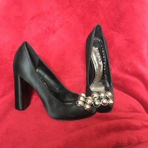 Brand new BCBG black satin heels with pearl